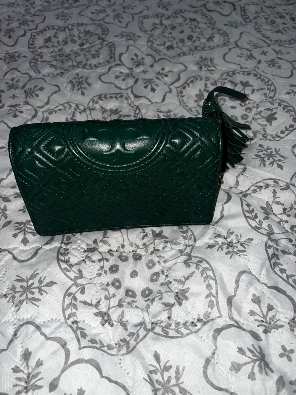 Tory Burch Dark Green Quilted Tassel Wristlet